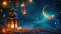 Ramadan ambiance with glowing lanterns, crescent moons, and starry brilliance with copy space