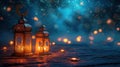 Ramadan ambiance with glowing lanterns, crescent moons, and starry brilliance with copy space