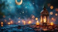 Ramadan ambiance with glowing lanterns, crescent moons, and starry brilliance with copy space