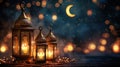 Ramadan ambiance with glowing lanterns, crescent moons, and starry brilliance with copy space