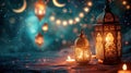 Ramadan ambiance with glowing lanterns, crescent moons, and starry brilliance with copy space