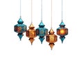 Ramadan. Arabic lanterns, five illuminated lamps hanging isolated on white transparent background