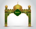 Ramadan background with golden event entrance arch, with golden arabic pattern, background for holy month of muslim community