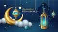 Ramadan banner, eid mubarak poster, 3d night moon, clouds and light lamp. Islam podium and lantern, stars and crescent