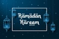 Ramadan banner with Lanterns made by low polygonal wireframe mesh on blue background. Muslim feast of the holy month Ramadan