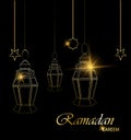 Ramadan beautiful greeting card with hanging lanterns, moon and stars on black background.