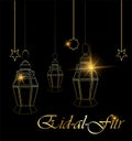 Ramadan beautiful greeting card with hanging lanterns, moon and stars on black background.