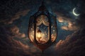 Ramadan Beginning. Crescent moon on the background with a beautiful lamp illuminating the night. Generative AI Royalty Free Stock Photo