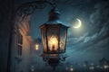 Ramadan Beginning. Crescent moon on the background with a beautiful lamp illuminating the night. Generative AI Royalty Free Stock Photo