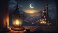 Ramadan Beginning. Crescent moon on the background with a beautiful lamp illuminating the night. Generative AI Royalty Free Stock Photo