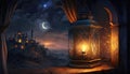 Ramadan Beginning. Crescent moon on the background with a beautiful lamp illuminating the night. Generative AI Royalty Free Stock Photo