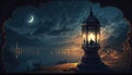 Ramadan Beginning. Crescent moon on the background with a beautiful lamp illuminating the night. Generative AI Royalty Free Stock Photo