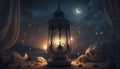 Ramadan Beginning. Crescent moon on the background with a beautiful lamp illuminating the night. Generative AI Royalty Free Stock Photo