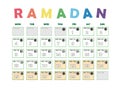 Ramadan calendar 2020. Fasting calendar, moon cycle phases, New moon. 30 days of Ramadan Islamic holy month. Vector graphic