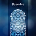 Ramadan card. Ornamental mosque window with bokeh lights. Invitation for muslim holy month Ramadan Kareem. Vector illustration