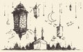 Ramadan celebration engraved illustration drawn