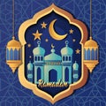 Ramadan celebration with mosque and lanterns in a decorative frame against blue background