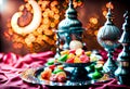 Ramadan concept, candy in the zinc plate Arabic