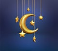Ramadan, 3d star and moon, render glossy crescent. Gold Islam eid Mubarak symbol, golden Kareem ornament, Muslim sign