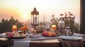 Ramadan decor table iftar breaking fast with traditional food and decoration - Ai Generated