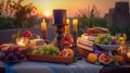 Ramadan decor table iftar breaking fast with traditional food and decoration - Ai Generated