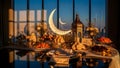 Ramadan decorations illuminate a festive table setting with a cr Royalty Free Stock Photo