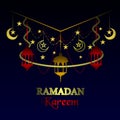 Ramadan decorations, lantern lights, moon and stars hung with ropes, in bright and bold colors, isolated on nig