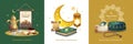 Ramadan design concept set of three colored compositions with traditional festive treat koran crescent vector illustration