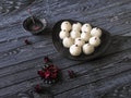 Ramadan dessert. Indian Rasgulla dessert. Top view, copy space