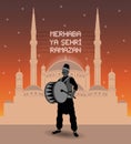 Ramadan drummer and mahya lights with a mosque silhouette Turkish - welcome ramadan month