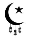 Ramadan Eid al-Fitr Crescent and Star with Lanterns. Pictogram depicting Islamic Crescent Stars and lanterns. EPS Vector