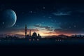 Ramadan and Eid concept, mosque silhouette, crescent moon, twilight sky