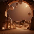 Ramadan or Eid Mubarak Greeting Card Setup with Arabian Sahara Lantern and Moon. Generative AI