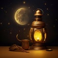 Ramadan or Eid Mubarak Greeting Card Setup with Arabian Sahara Lantern and Moon. Generative AI