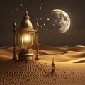 Ramadan or Eid Mubarak Greeting Card Setup with Arabian Sahara Lantern and Moon. Generative AI
