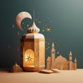 Ramadan or Eid Mubarak Greeting Card Setup with Arabian Sahara Lantern and Moon. Generative AI