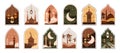 Ramadan Eid Mubarak. Modern Islamic pattern. Ramzan post art with Boho arch. Card with Arabian mosque towers and moon