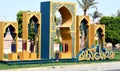 Ramadan festive decorations in the streets of Egypt, Islamic gates with curtains and Arabic lamps and lanterns