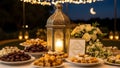 Ramadan festive table setting with lanterns dates and sweet trea Royalty Free Stock Photo