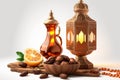 Ramadan food and drinks concept. Ramadan arabian lamp, wood rosary, and dates fruit on white background Generative AI