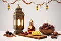 Ramadan food and drinks concept. Ramadan arabian lamp, wood rosary, and dates fruit on white background Generative AI