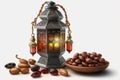 Ramadan food and drinks concept. Ramadan arabian lamp, wood rosary, and dates fruit on white background Generative AI