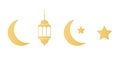 Ramadan gold icons set on white background. Golden lanterns, crescent and stars. Ramadan Kareem greeting card