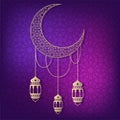 Ramadan golden moon and lantern violet background