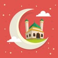 Ramadan Greeting Card with cartoon mosque on the moon