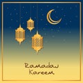 Ramadan greeting card design in gold and blue. Crescent moon with lanterns in the sky. Royalty Free Stock Photo