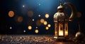 Ramadan greeting card with lamp and moon on dark background with bokeh