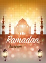 Ramadan greeting card. Mosque with islamic symbols. Vector illustration.