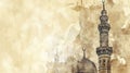 A Ramadan greeting card showcases a sketch of a towering mosque on a sepia watercolor background, offering free copy