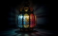 Ramadan greeting card template. lantern with city blurry view. Generative AI